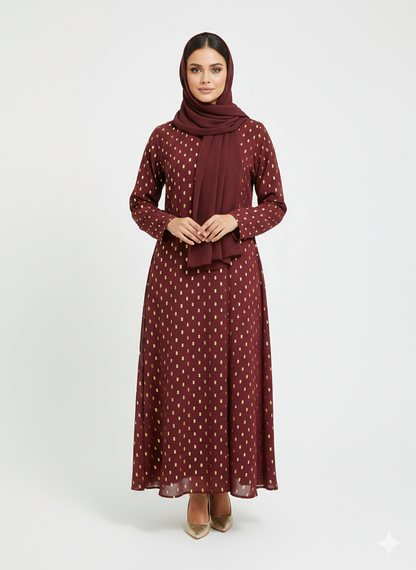 Rizqé Crimson Gilded Foil Polka Dot Maroon Modest Abaya