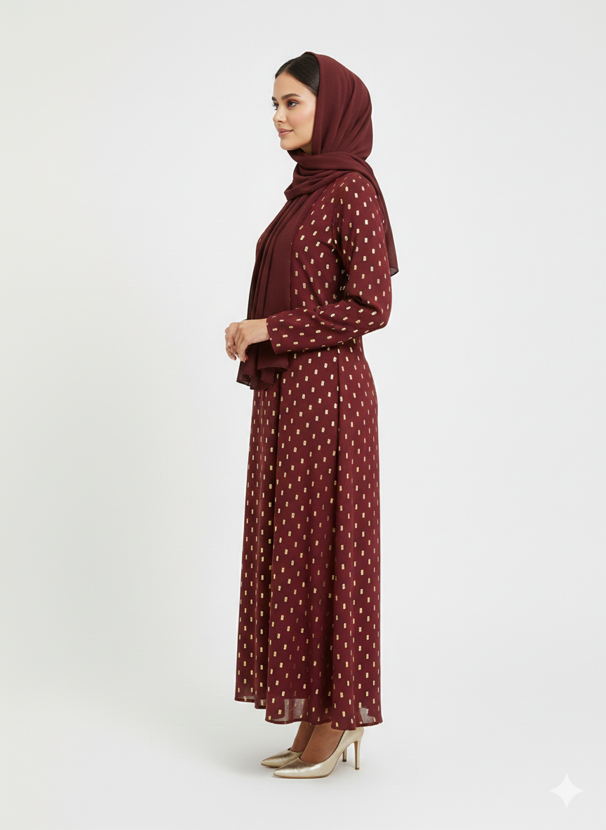 Rizqé Crimson Gilded Foil Polka Dot Maroon Modest Abaya
