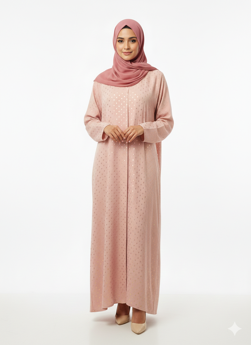 Rizqé Rose Gold Gilded Modest Polka Dot Pink Abaya