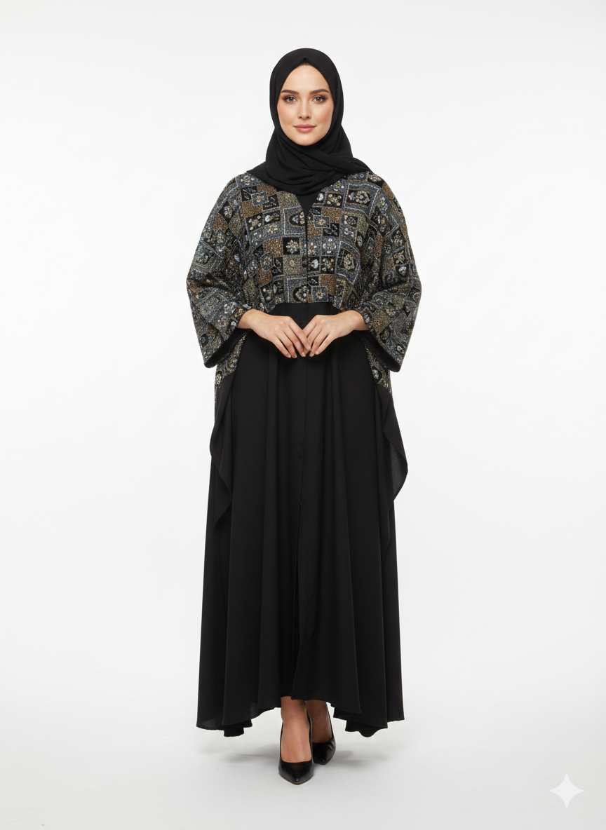 Rizqé Iconic Velvet-Top Farasha Embroidered Nida Abaya
