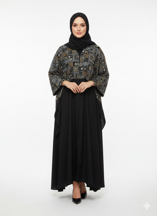 Rizqé Iconic Velvet-Top Farasha Embroidered Nida Abaya
