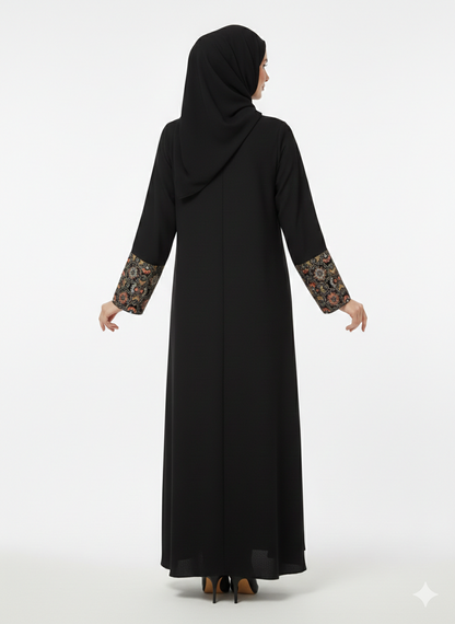 Rizqé Onyx Sovereign Black Nida Abaya with Gold Baroque Embroidery