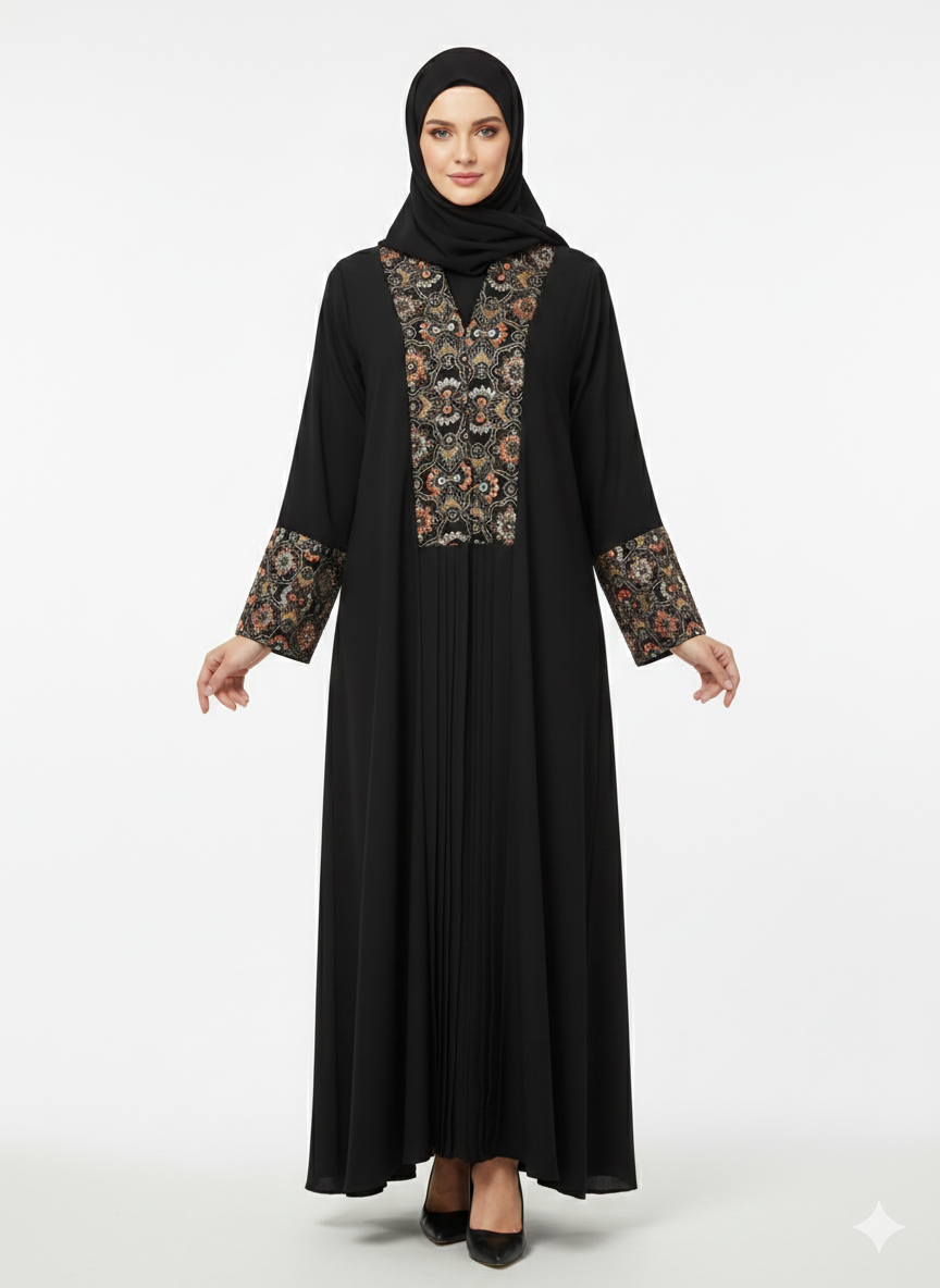 Rizqé Onyx Sovereign Black Nida Abaya with Gold Baroque Embroidery