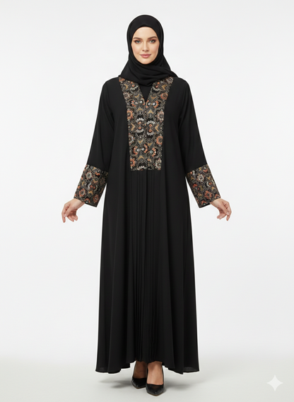 Rizqé Onyx Sovereign Black Nida Abaya with Gold Baroque Embroidery