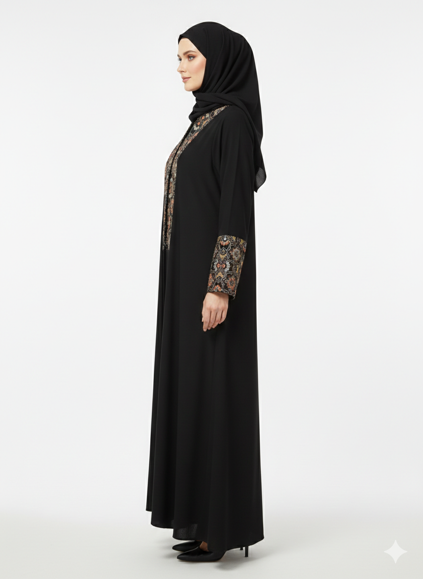 Rizqé Onyx Sovereign Black Nida Abaya with Gold Baroque Embroidery