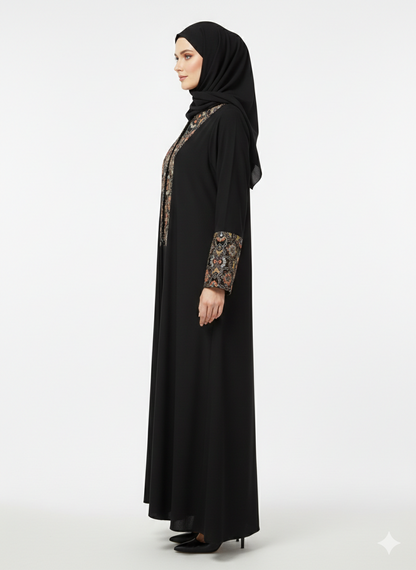 Rizqé Onyx Sovereign Black Nida Abaya with Gold Baroque Embroidery