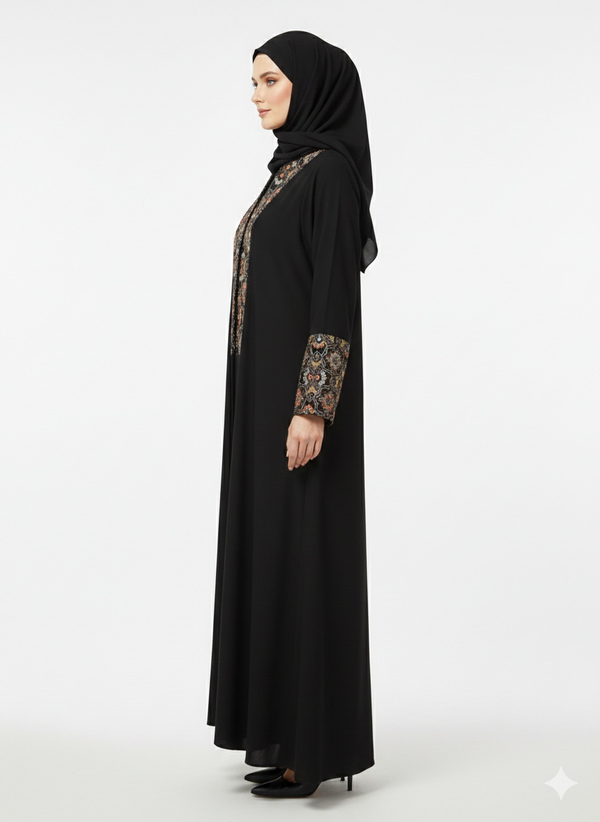 Rizqé Onyx Sovereign Black Nida Abaya with Gold Baroque Embroidery