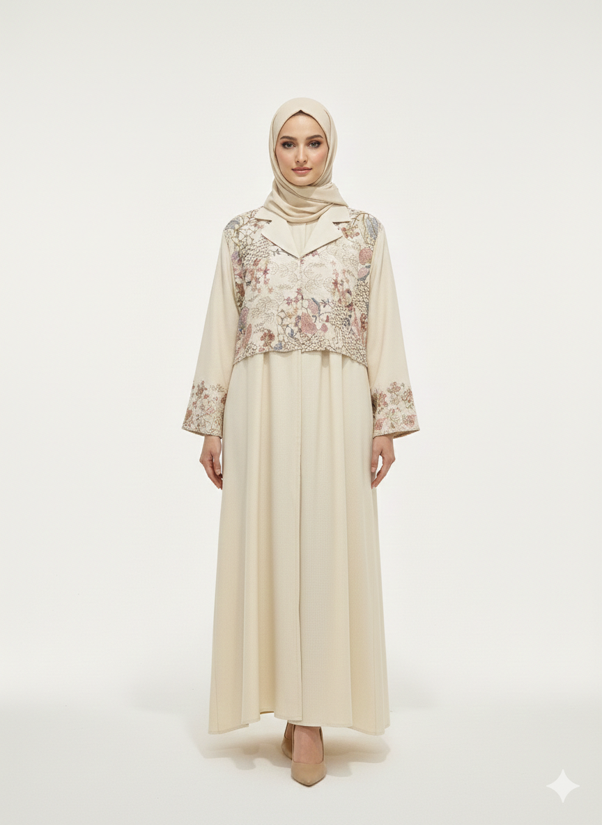 Rizqé Alabaster Blossom Beige Embroidered Abaya