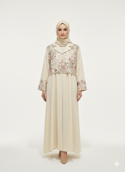 Rizqé Alabaster Blossom Beige Embroidered Abaya
