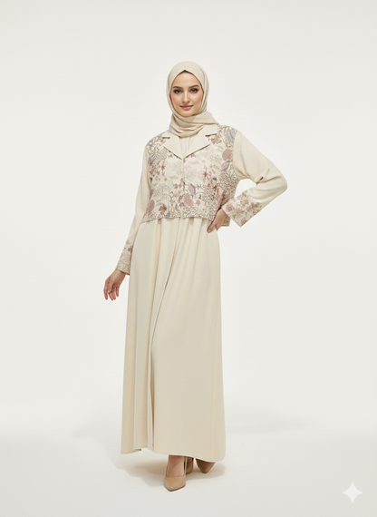 Rizqé Alabaster Blossom Beige Embroidered Abaya