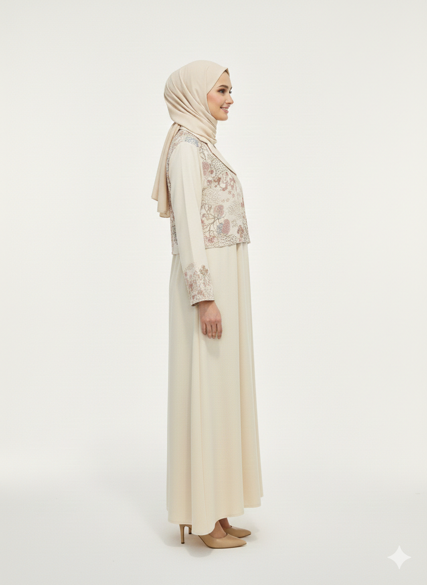 Rizqé Alabaster Blossom Beige Embroidered Abaya