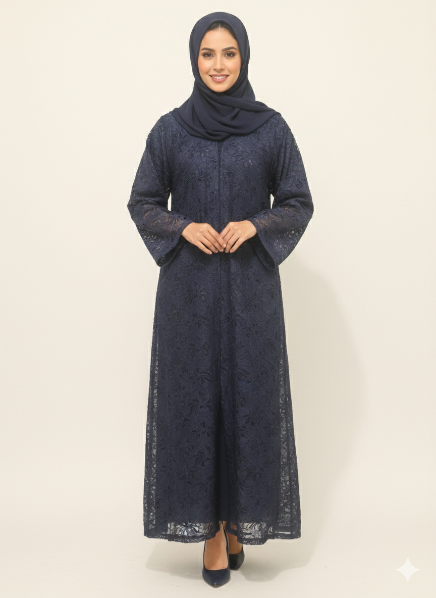 Rizqé Midnight Sapphire Navy Floral Net Modest Abaya