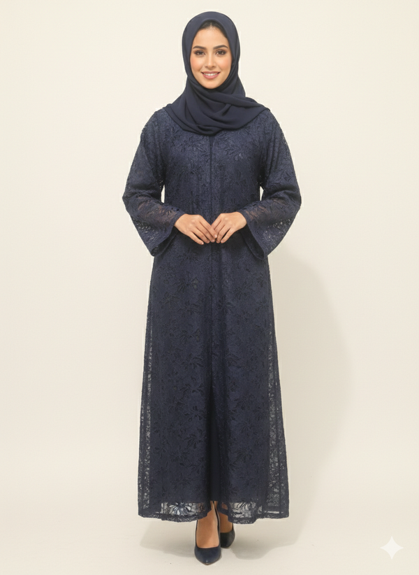 Rizqé Midnight Sapphire Navy Floral Net Modest Abaya