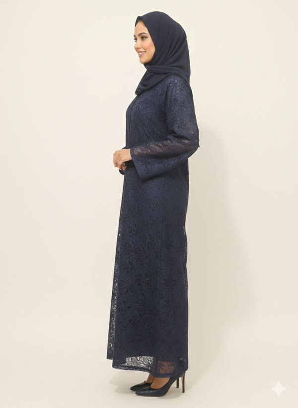 Rizqé Midnight Sapphire Navy Floral Net Modest Abaya