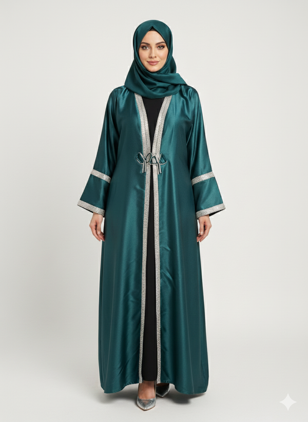 Emerald Satin Abaya | Silver Trim Open Kimono Dress | Rizqé Luxury American Satin Finish