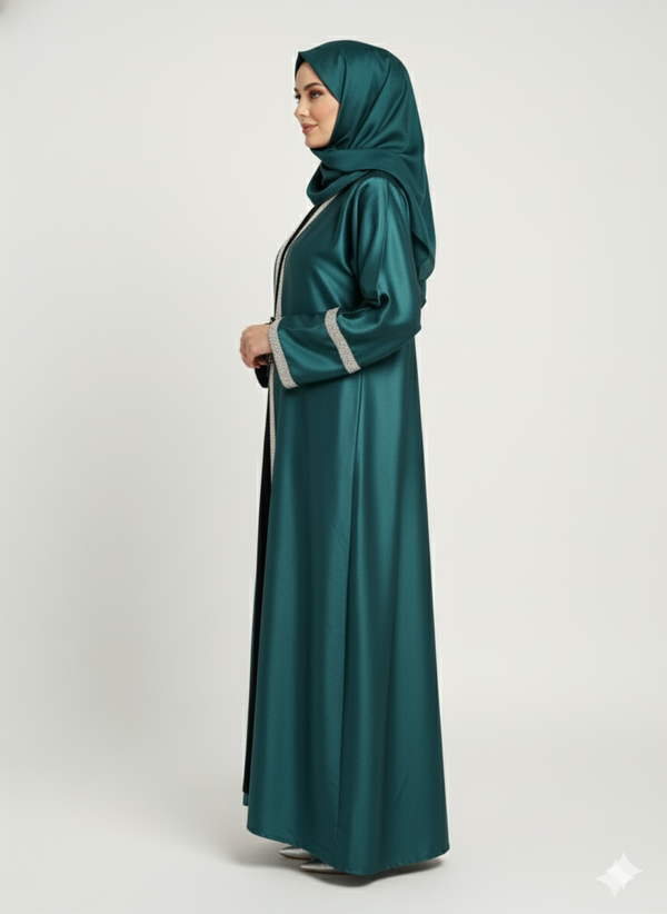 Emerald Satin Abaya | Silver Trim Open Kimono Dress | Rizqé Luxury American Satin Finish