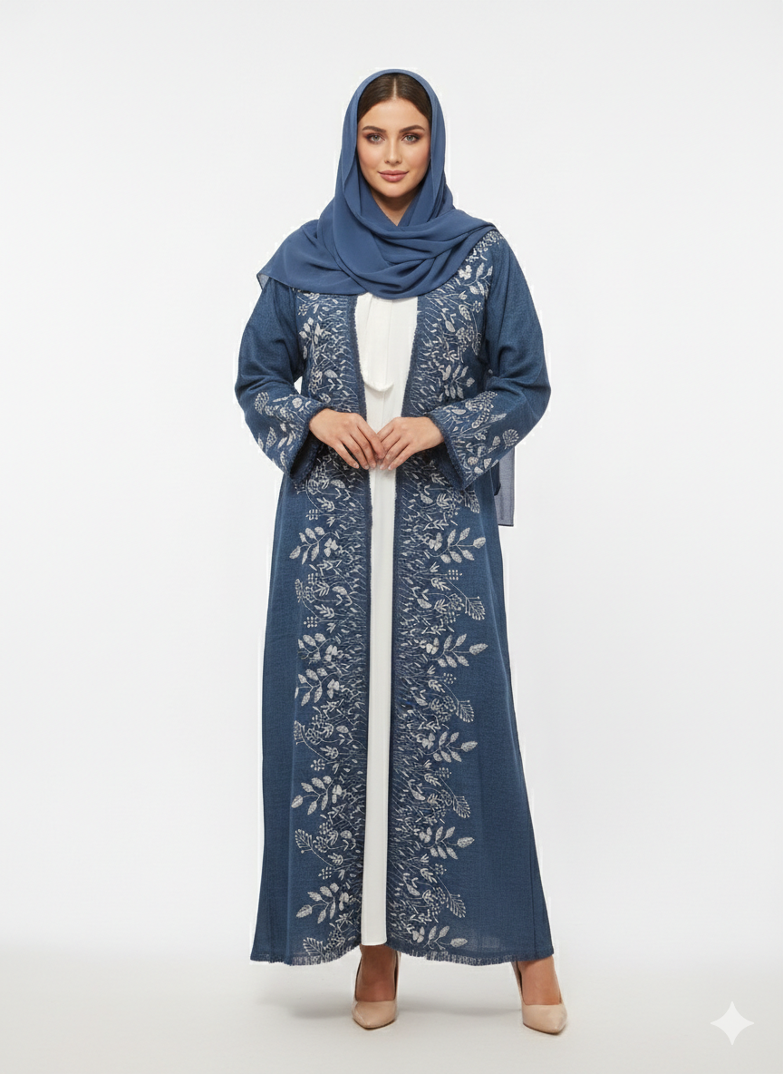 Rizqé Azure Grove Blue Kimono-Style Embroidered Abaya