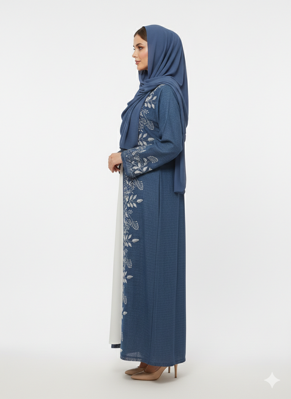 Rizqé Azure Grove Blue Kimono-Style Embroidered Abaya