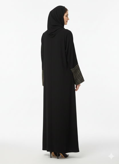 Rizqé Gilded Wave Noir Black Abaya with Beige Zig-Zag Embroidery