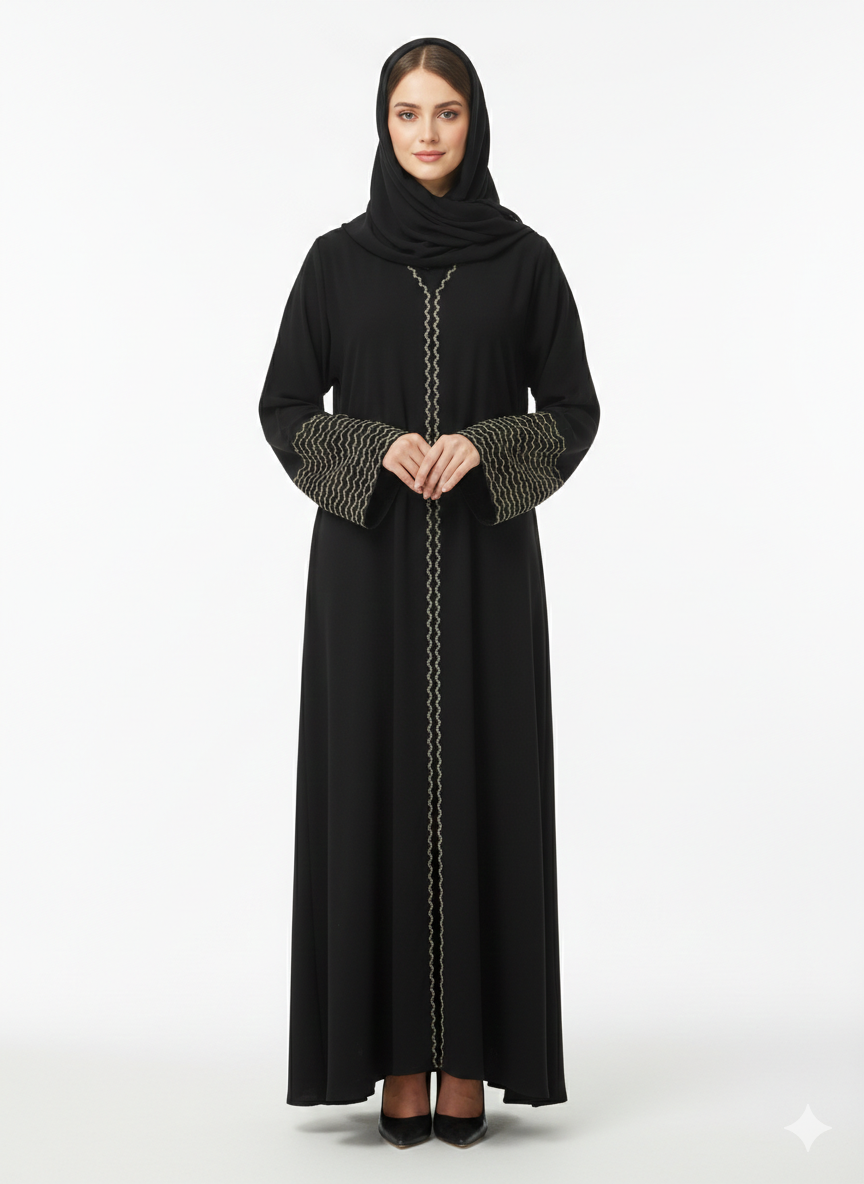 Rizqé Gilded Wave Noir Black Abaya with Beige Zig-Zag Embroidery