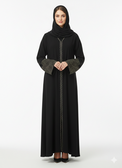 Rizqé Gilded Wave Noir Black Abaya with Beige Zig-Zag Embroidery
