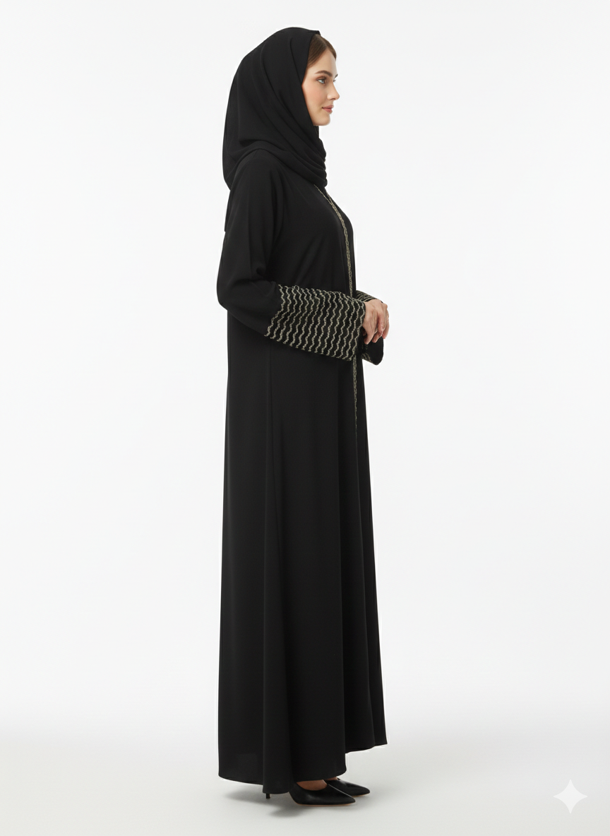 Rizqé Gilded Wave Noir Black Abaya with Beige Zig-Zag Embroidery