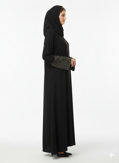 Rizqé Gilded Wave Noir Black Abaya with Beige Zig-Zag Embroidery