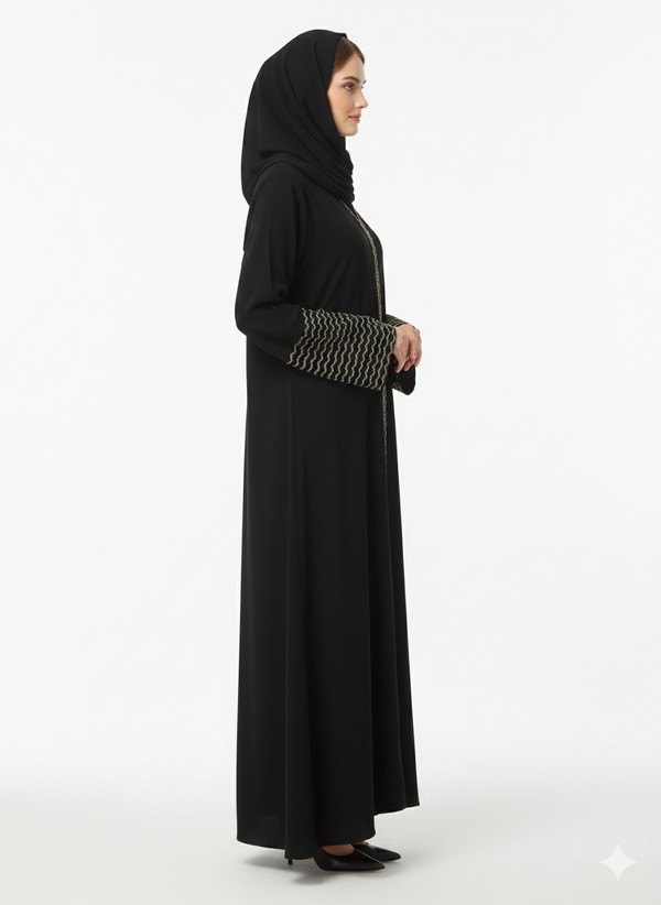 Rizqé Gilded Wave Noir Black Abaya with Beige Zig-Zag Embroidery