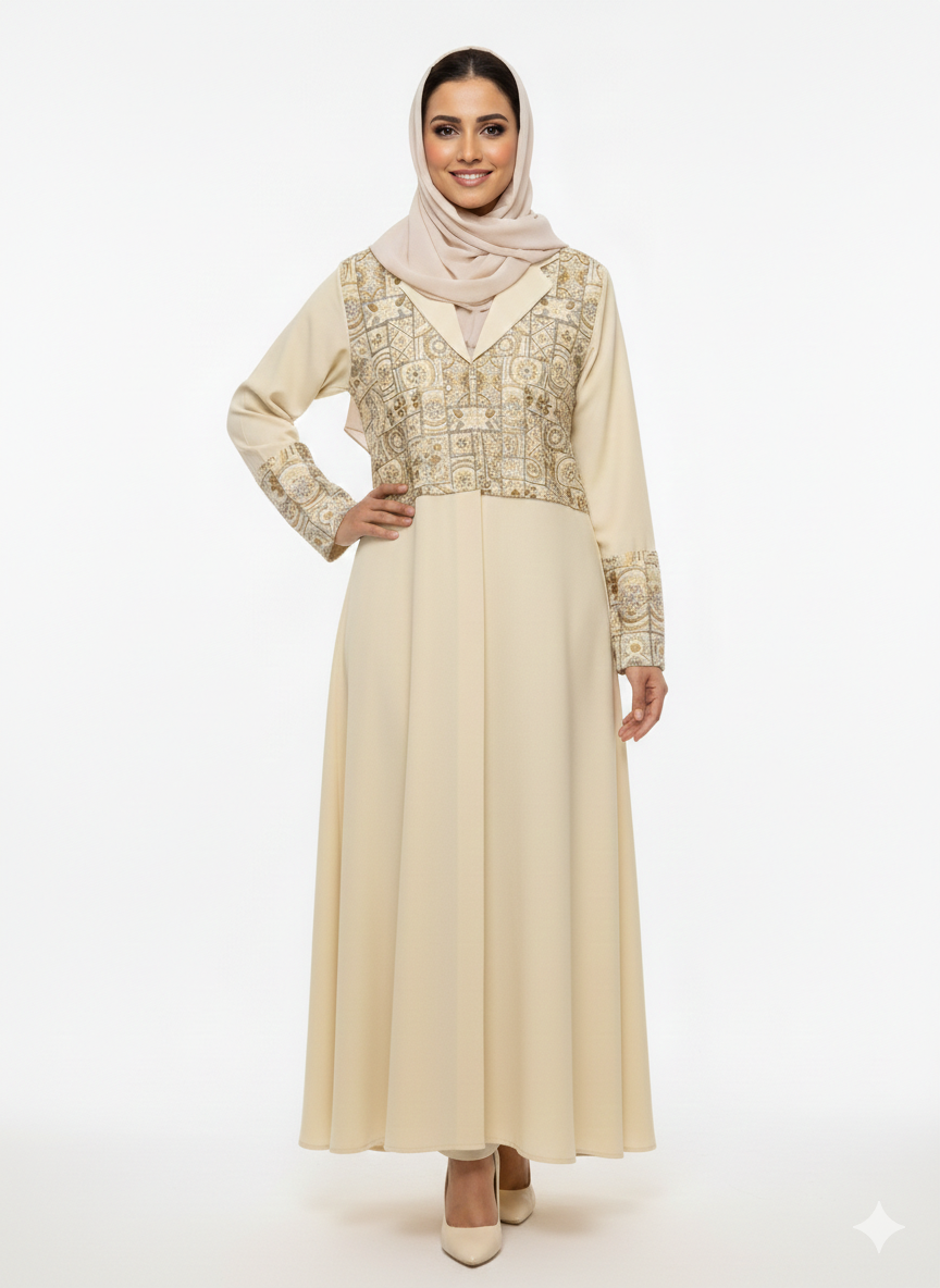Rizqé Sandstone Heritage Beige Embroidered Abaya