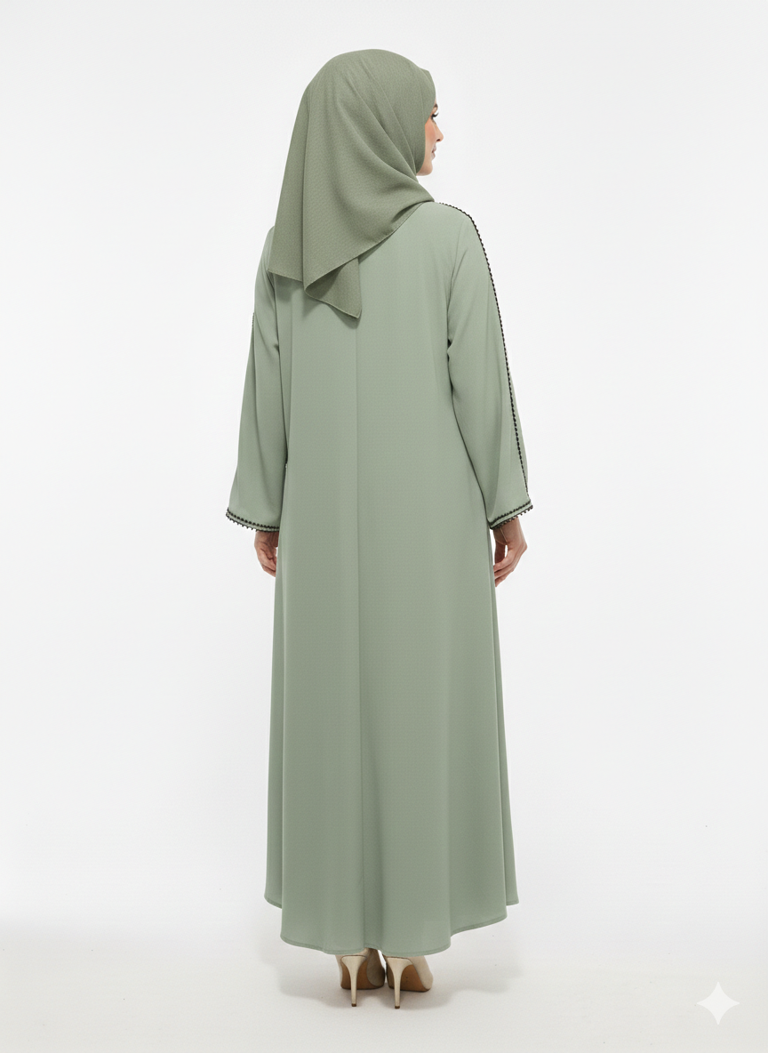 Rizqé Sage Serenity Light Green Minimalist Trim Modest Abaya