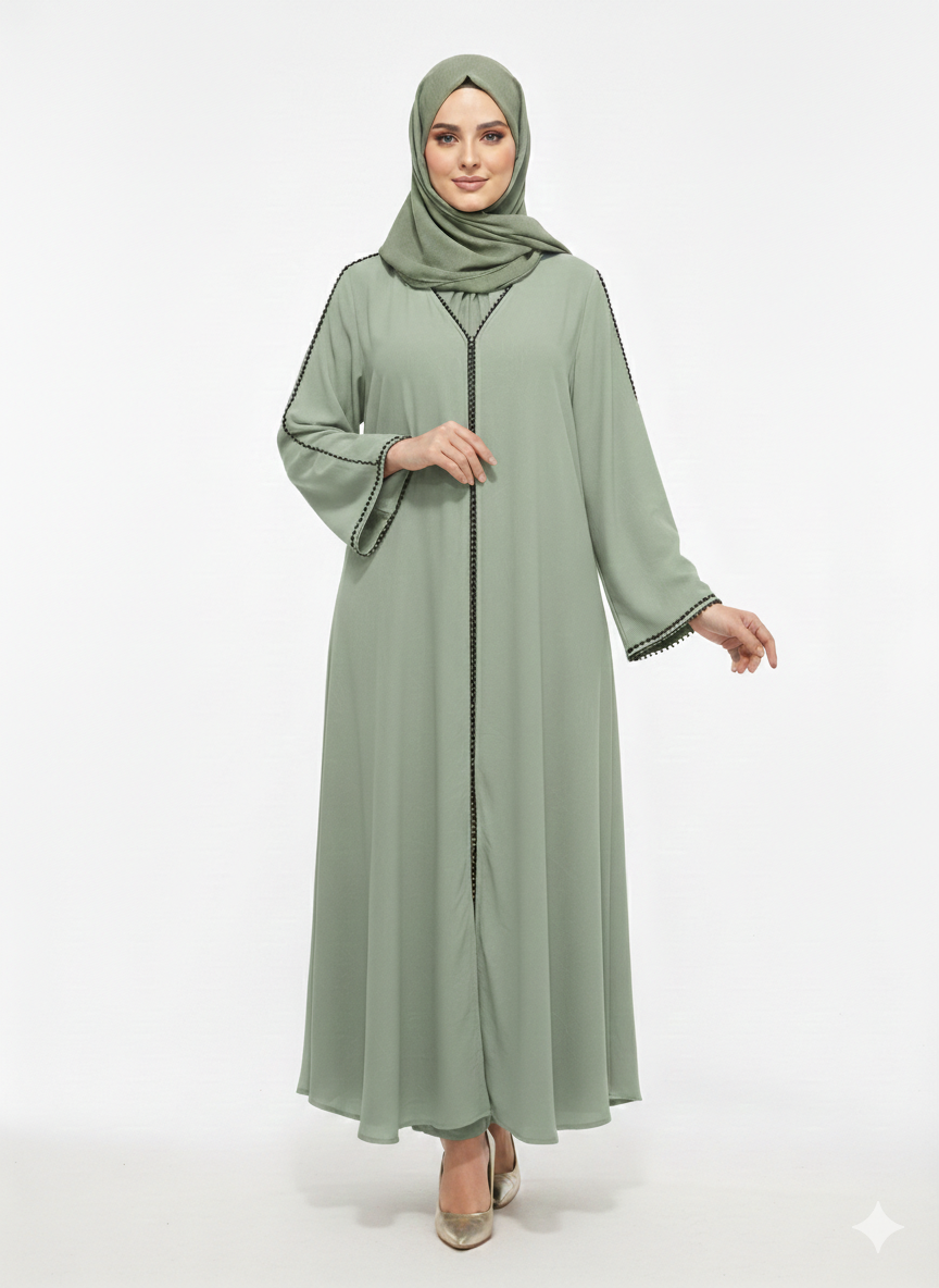 Rizqé Sage Serenity Light Green Minimalist Trim Modest Abaya