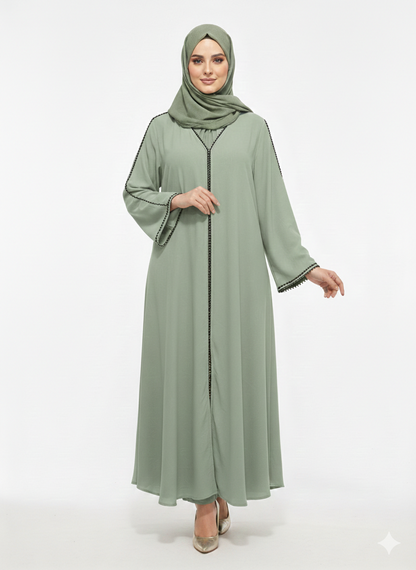 Rizqé Sage Serenity Light Green Minimalist Trim Modest Abaya