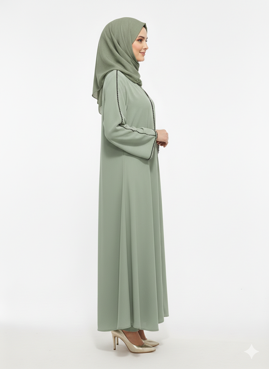 Rizqé Sage Serenity Light Green Minimalist Trim Modest Abaya