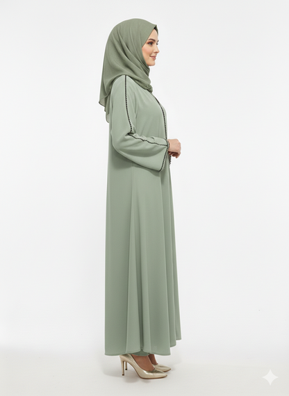 Rizqé Sage Serenity Light Green Minimalist Trim Modest Abaya