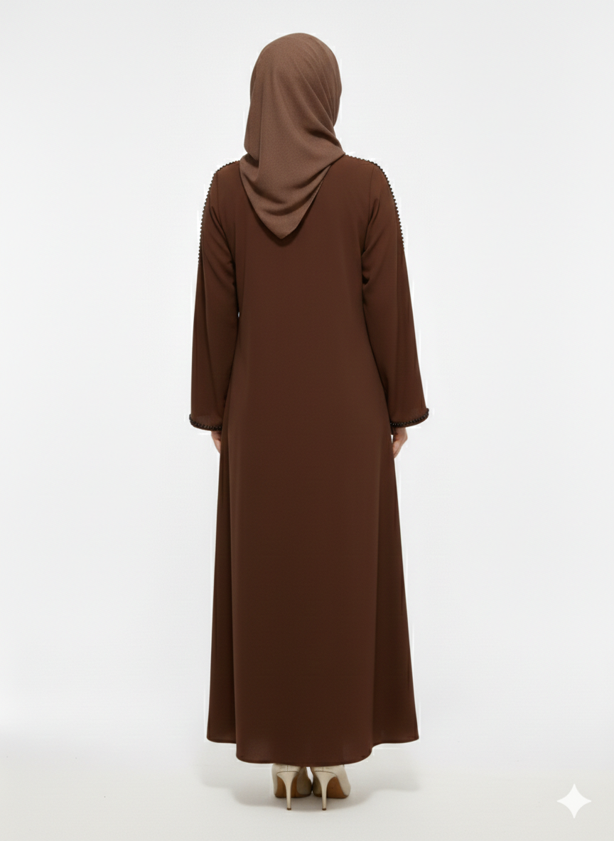 Rizqé Mahogany Serenity Chocolate Brown Minimalist Modest Trim Abaya