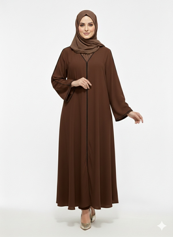 Rizqé Mahogany Serenity Chocolate Brown Minimalist Modest Trim Abaya