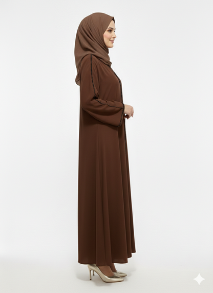 Rizqé Mahogany Serenity Chocolate Brown Minimalist Modest Trim Abaya
