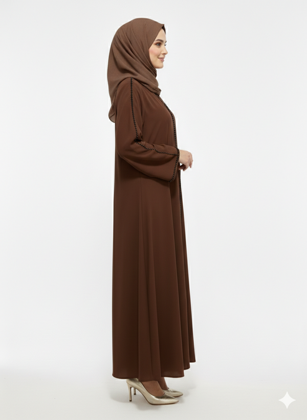 Rizqé Mahogany Serenity Chocolate Brown Minimalist Modest Trim Abaya