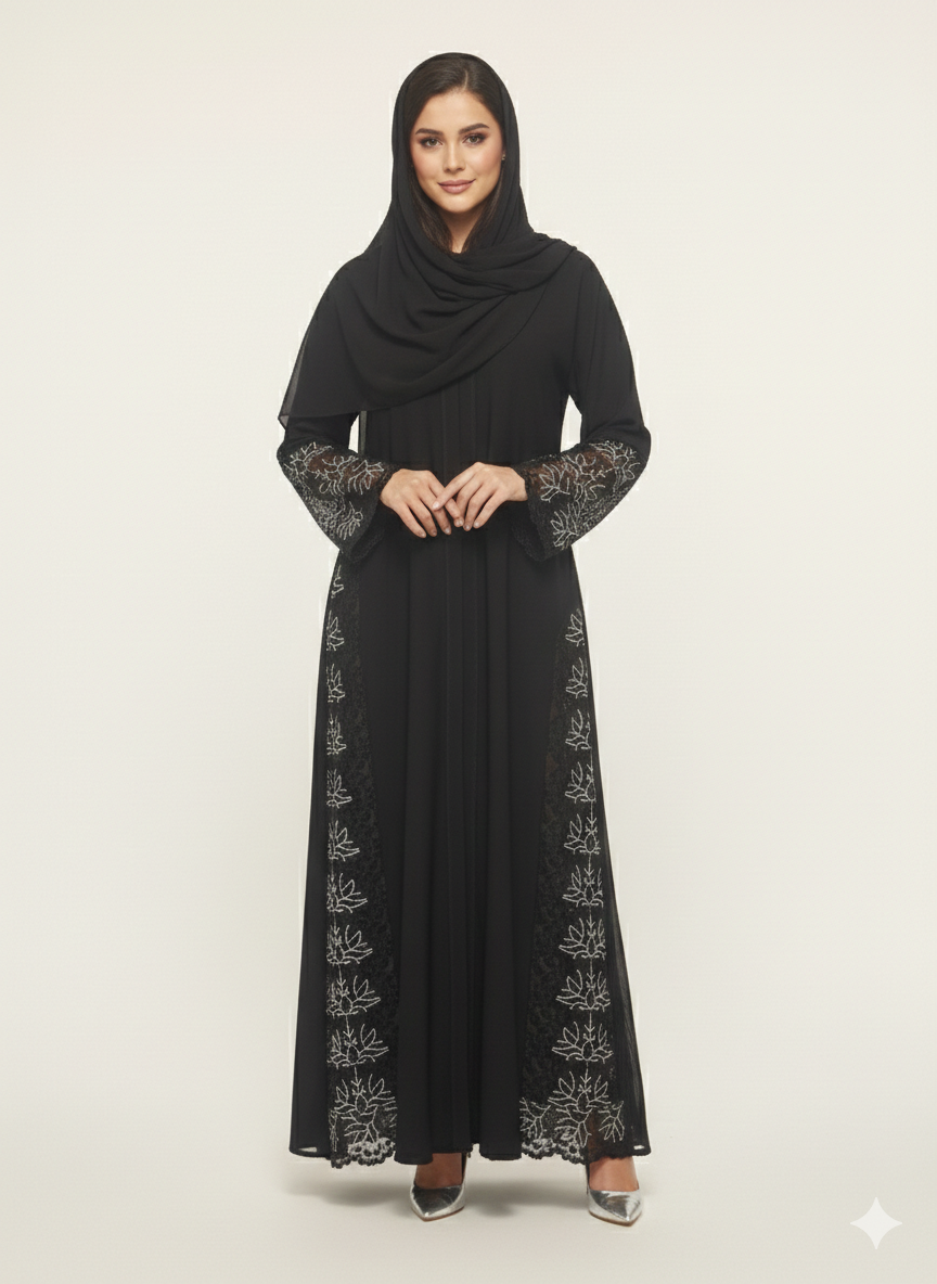 Rizqé Midnight Lotus Silver Side-Net Panel Embroidered Abaya