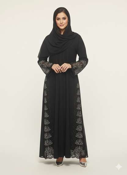 Rizqé Midnight Lotus Silver Side-Net Panel Embroidered Abaya