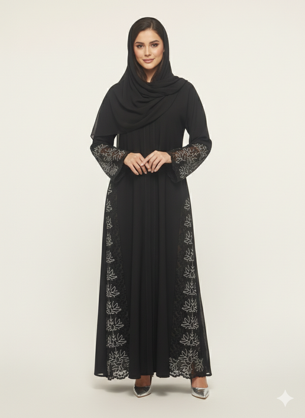 Rizqé Midnight Lotus Silver Side-Net Panel Embroidered Abaya