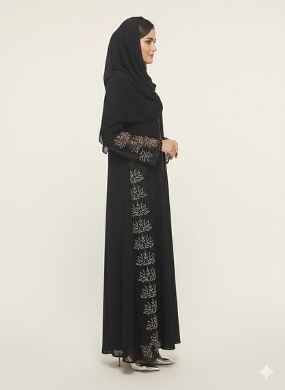 Rizqé Midnight Lotus Silver Side-Net Panel Embroidered Abaya