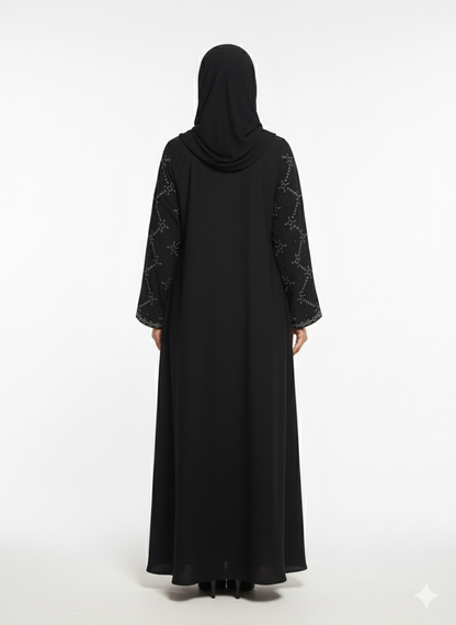 Black Abaya | Bold Crystal Geometric Silver Embellishment | Rizqé Silhouette Modest Dress