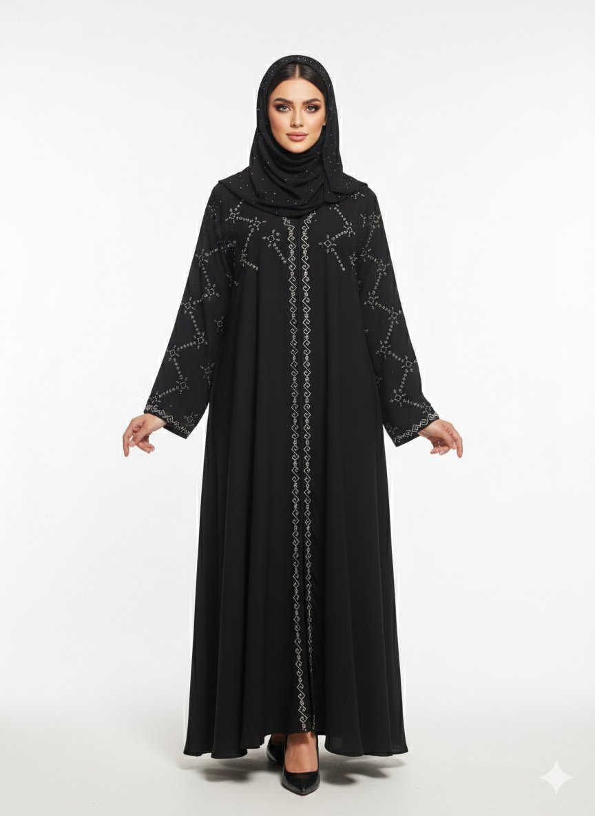 Black Abaya | Bold Crystal Geometric Silver Embellishment | Rizqé Silhouette Modest Dress