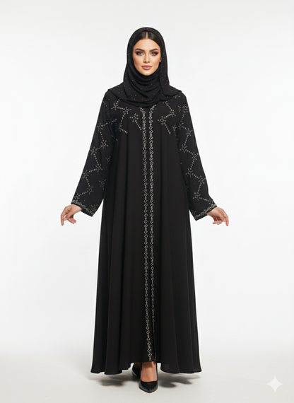Black Abaya | Bold Crystal Geometric Silver Embellishment | Rizqé Silhouette Modest Dress