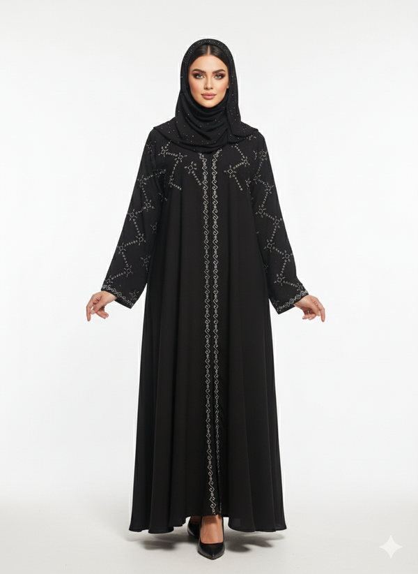 Black Abaya | Bold Crystal Geometric Silver Embellishment | Rizqé Silhouette Modest Dress