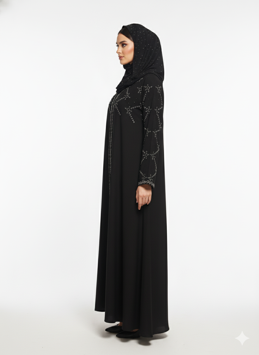 Black Abaya | Bold Crystal Geometric Silver Embellishment | Rizqé Silhouette Modest Dress