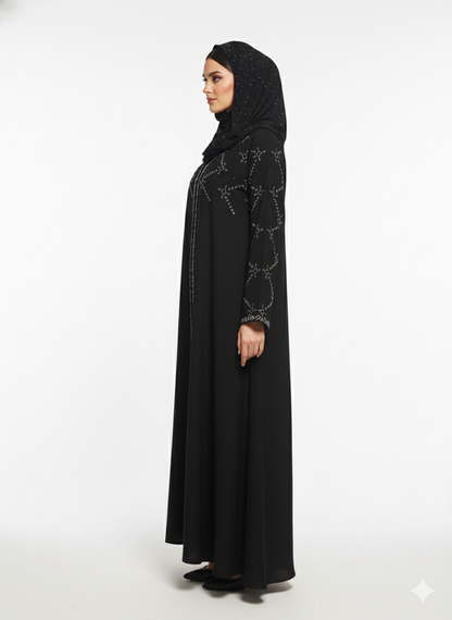 Black Abaya | Bold Crystal Geometric Silver Embellishment | Rizqé Silhouette Modest Dress
