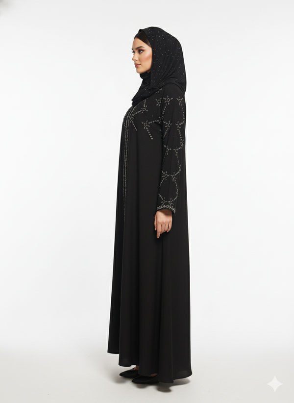 Black Abaya | Bold Crystal Geometric Silver Embellishment | Rizqé Silhouette Modest Dress