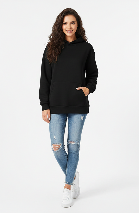 Rizqé Midnight Black 390 GSM Luxury Pullover Hoodie | Kangaroo Pocket Pullover Hoodie